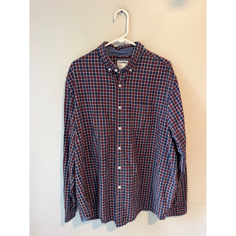 Express Classic Soft Wash Plaid Button Down Shirt Mens XXL Tall Burgundy Navy